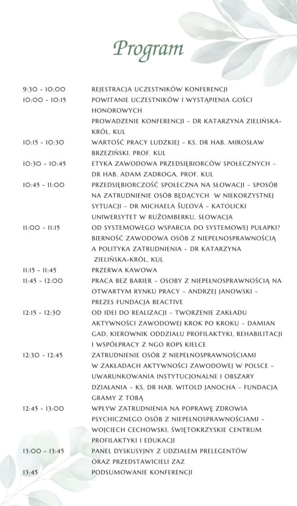 Program koneferencji - Aktywizacja osób z niepełnosprawnościami